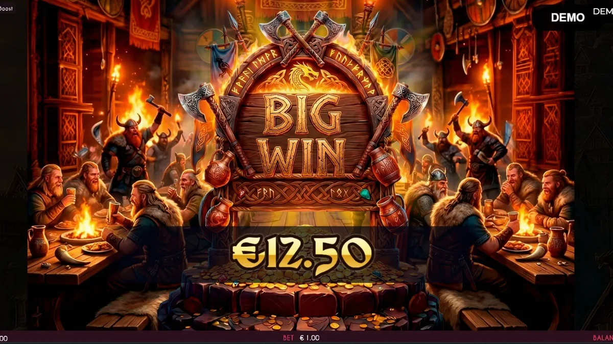 Giao diện trò chơi slot Valhalla Wilds Boost với các biểu tượng Viking và rune Bắc Âu